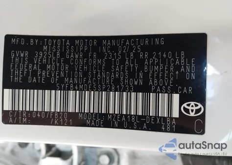 2025 Toyota Corolla Le from USA, damaged, VIN 5YFB4MDE5SP281733